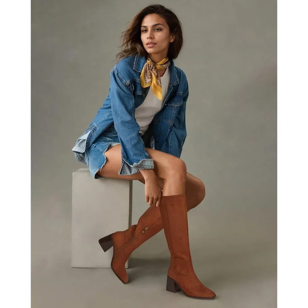 Women Brown-suede Polyurethane Knee High Square Toe Zipper Block Heel Tall Boots